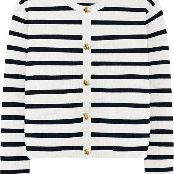 Other - Women White Black Striped Buttoned Cardigan Sweater